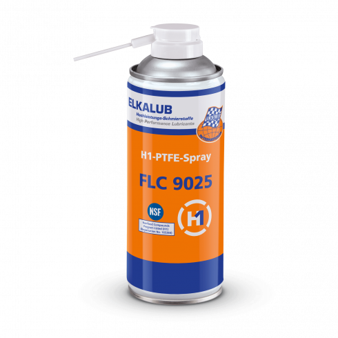 ELKALUB FLC 9025 H1 PTFE Spray in einer orangen 150-ml-Spraydose. Am Sprühkopf ist eine Dosierhilfe befestigt. Auf dem Etikett sind ein NSF- und ein H1-zertifiziert-Logo aufgedruckt.