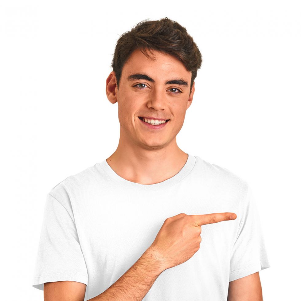 Abbildung eines lachenden jungen Mannes. Er zeigt auf den Text.