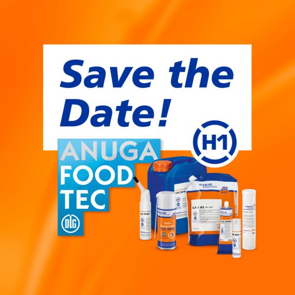 The words "Save the Date" are written in a white speech bubble on an orange background. Below it are the Anuga FoodTec logo, the H1 logo and ELKALUB products.
