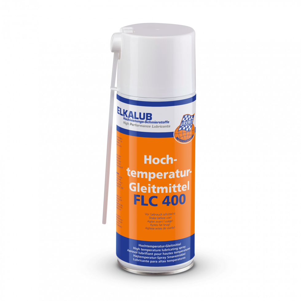 ELKALUB FLC 400 High-temperature oil spray in an orange 400 ml spray can. A dosing dyse is attached to the white cap.