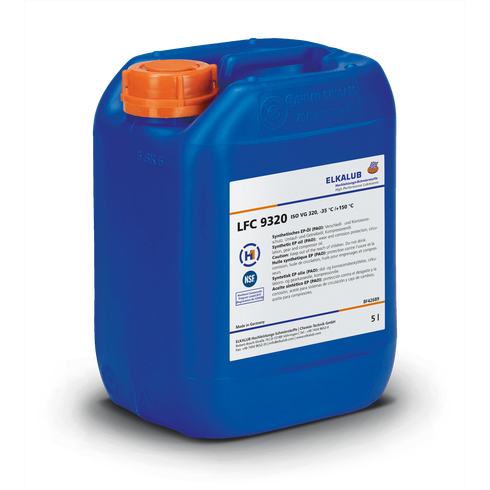 ELKALUB LFC 9320 Poly-alpha-olefin oil in a blue 5-liter canister. An NSF and an H1-certified logo are printed on the label.