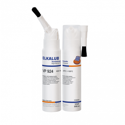 Zwei Dosen ELKALUB VP 924 Montage- und Kontakt­schutz­fett in in der weißen 200-ml-Pinseldose. Links steht eine geöffnete Dose mit Borstenaufsatz. Der Pinselaufsatz ist dort an der Seite des Deckels befestigt.