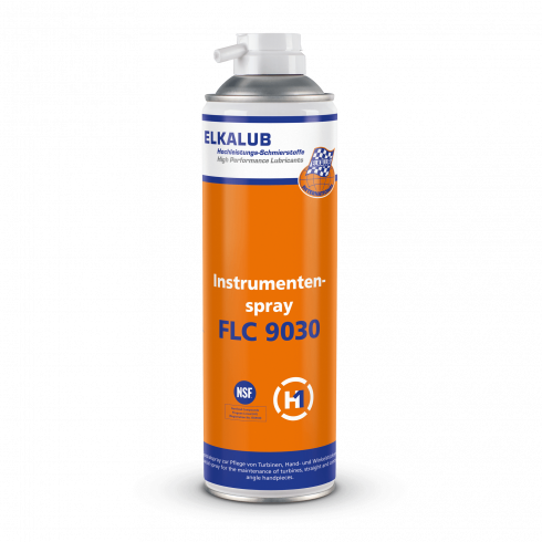 ELKALUB FLC 9030 In­stru­men­ten­spray in einer orangen 500-ml-Spraydose. Auf dem Etikett sind ein NSF- und ein H1-zertifiziert-Logo aufgedruckt.