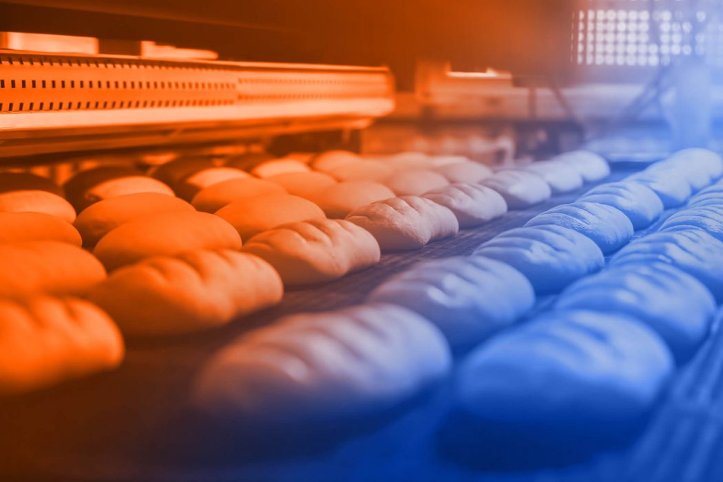 Bread blanks lie in a row on the conveyor belt of a production oven in the bakery.