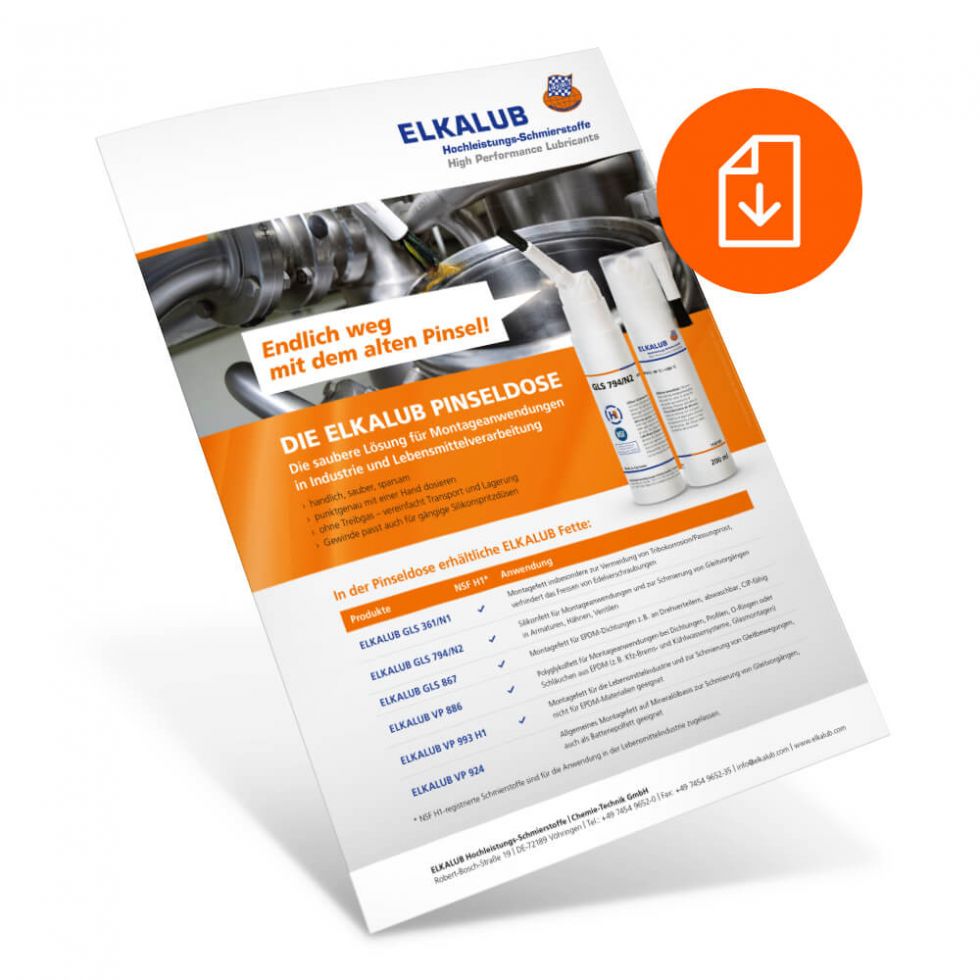 Vorderseite des Infoblatts „ELKALUB Pinseldose“ und ein Download-Symbol. Auf dem Blatt sind die Pinseldose und ein Anwendungsfoto abgebildet. Unten auf der Seite sind ELKALUB-Schmierstoffe für die Pinseldose in einer Tabelle aufgelistet.