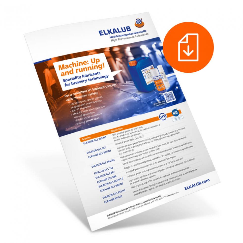 Front of the information sheet "ELKALUB specialty lubricants for brewery technology" and a download symbol. The sheet shows ELKALUB products and a picture of a brewery. ELKALUB lubricants for brewery technology are listet at the bottom.