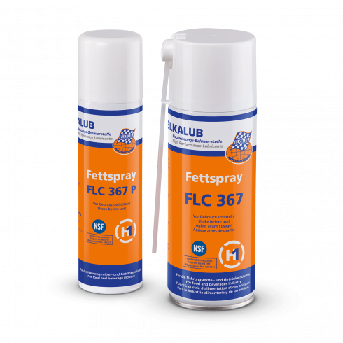 Zwei Spraydosen ELKALUB FLC 367 Fettspray. Links steht eine 300-ml-Dose, rechts daben eine 400-ml-Dose mit Dosierkanyle.
