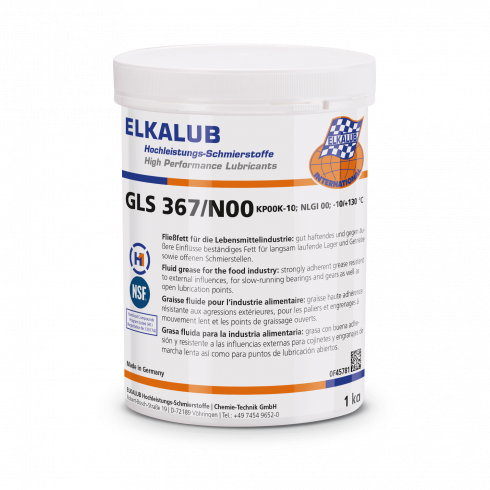 ELKALUB GLS 367/N00 Fließ­fett für die Lebens­mittel­industrie in einer weißen 1-kg-Kunststoffdose. Auf dem Etikett sind ein NSF- und ein H1-zertifiziert-Logo aufgedruckt.