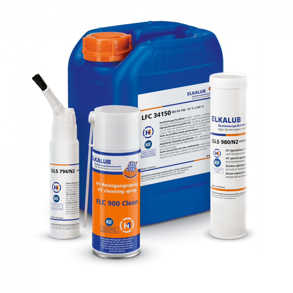 Auf die pharmazeutische Industrie zugeschnittene Spezialschmierstoffe von ELKALUB in verschiedenen Gebinden. GLS 794/N2, FLC 900 Clean, LFC 34150, GLS 980/N2.