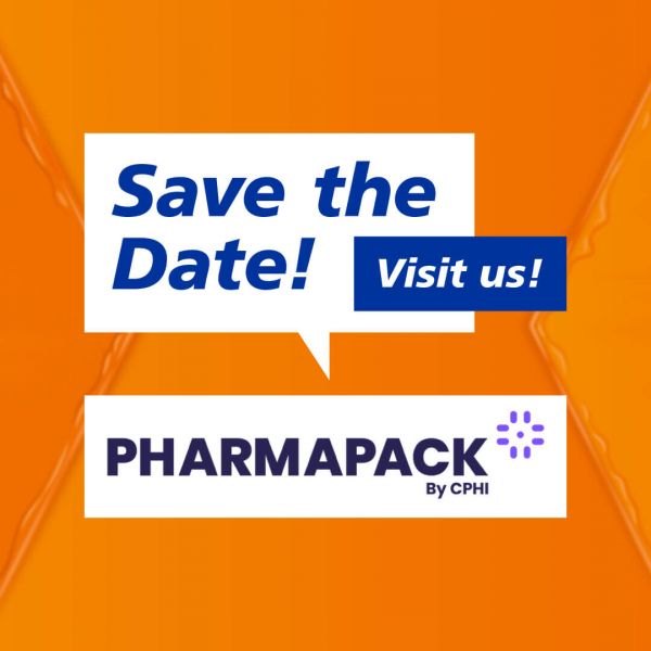 Two speech bubbles say: Save the Date! Come by. These point to the Pharmapack logo.