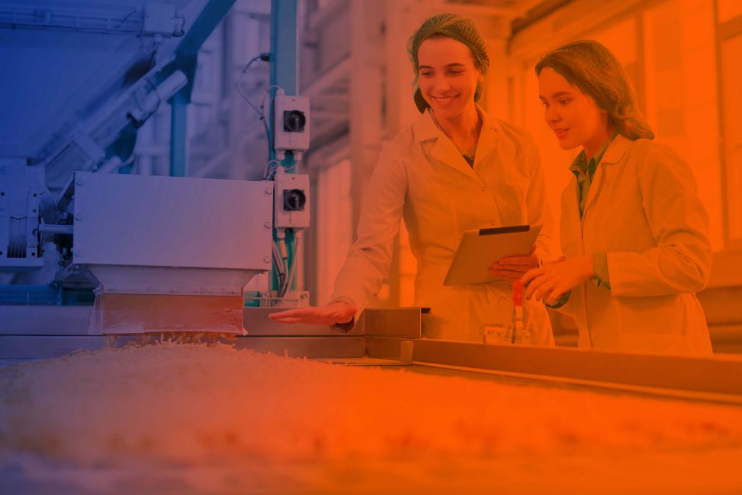 Two employees in food production are standing at the delivery of a pasta machine. Fresh pasta falls out of a hopper onto the conveyor belt and is checked by them. They look friendly. One of them is holding a tablet computer.