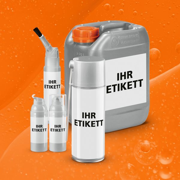 Darstellung von ELKALUB Produkten mit beispielhaften Kundenetiketten mit der Aufschrift "Ihr Eitkett"