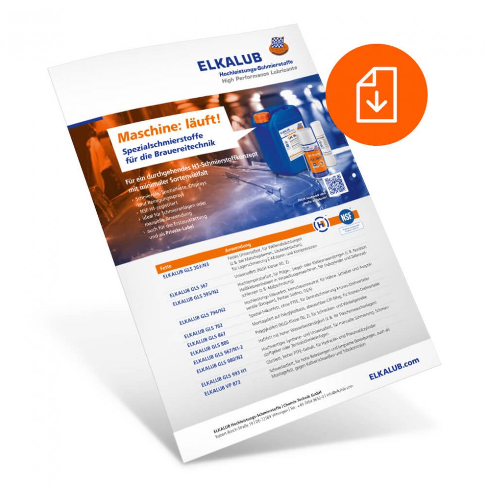 Vorderseite des Infoblatts „ELKALUB Spezialschmierstoffe für die Brauereitechnik“ und ein Download-Symbol. Auf dem Blatt sind ELKALUB Produkte und das Bild einer Brauerei abgebildet. Unten sind ELKALUB-Schmierstoffe für die Brauereitechnik gelistet.