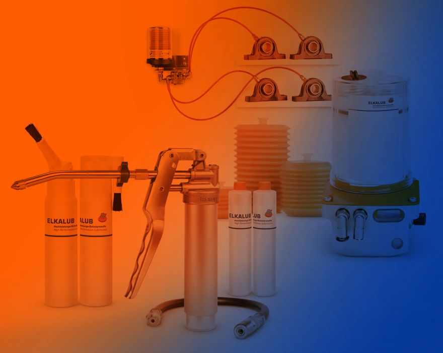 A selection of ELKALUB containers for lubricants. In the foreground is an MCP 100 one handed grease gun with two cartridges and interchangeable hose. Behind it on the left are brush cans. Automatic lubricant dispensers and cartridges are shown in the back