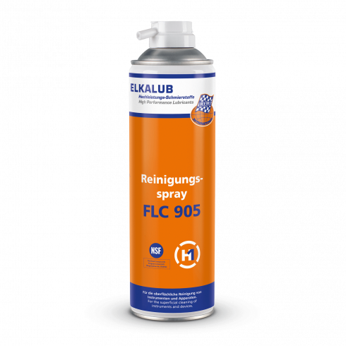 ELKALUB FLC 905 Rei­ni­gungs­spray Dental in einer orangen 500-ml-Spraydose. Auf dem Etikett sind ein NSF- und ein H1-zertifiziert-Logo aufgedruckt.