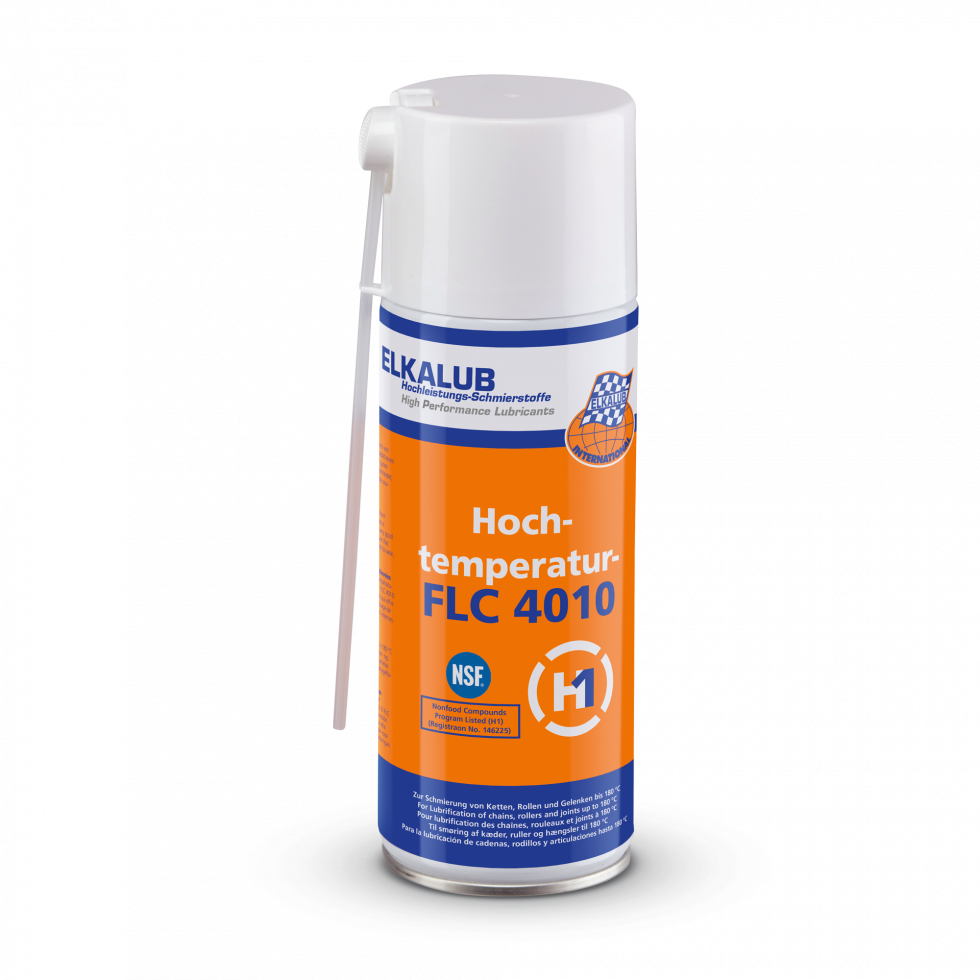 ELKALUB FLC 4010 High-tem­pe­ra­ture oil spray in an orange 400 ml spray can. A dosing dyse is attached to the white cap. An NSF and an H1-certified logo are printed on the label.