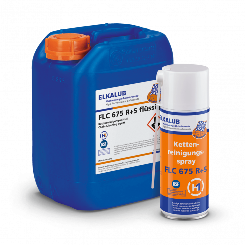 ELKALUB FLC 675 R+S Ket­ten­rei­ni­gungs­spray. Im Vordergrund steht eine orange 400-ml-Spraydose mit Dosierkanyle am Deckel. Dahinter steht ein blauer 5-l-Kanister FLC 675 R+S. Auf beiden Etiketten sind ein NSF- und ein H1-zertifiziert-Logo aufgedruckt.