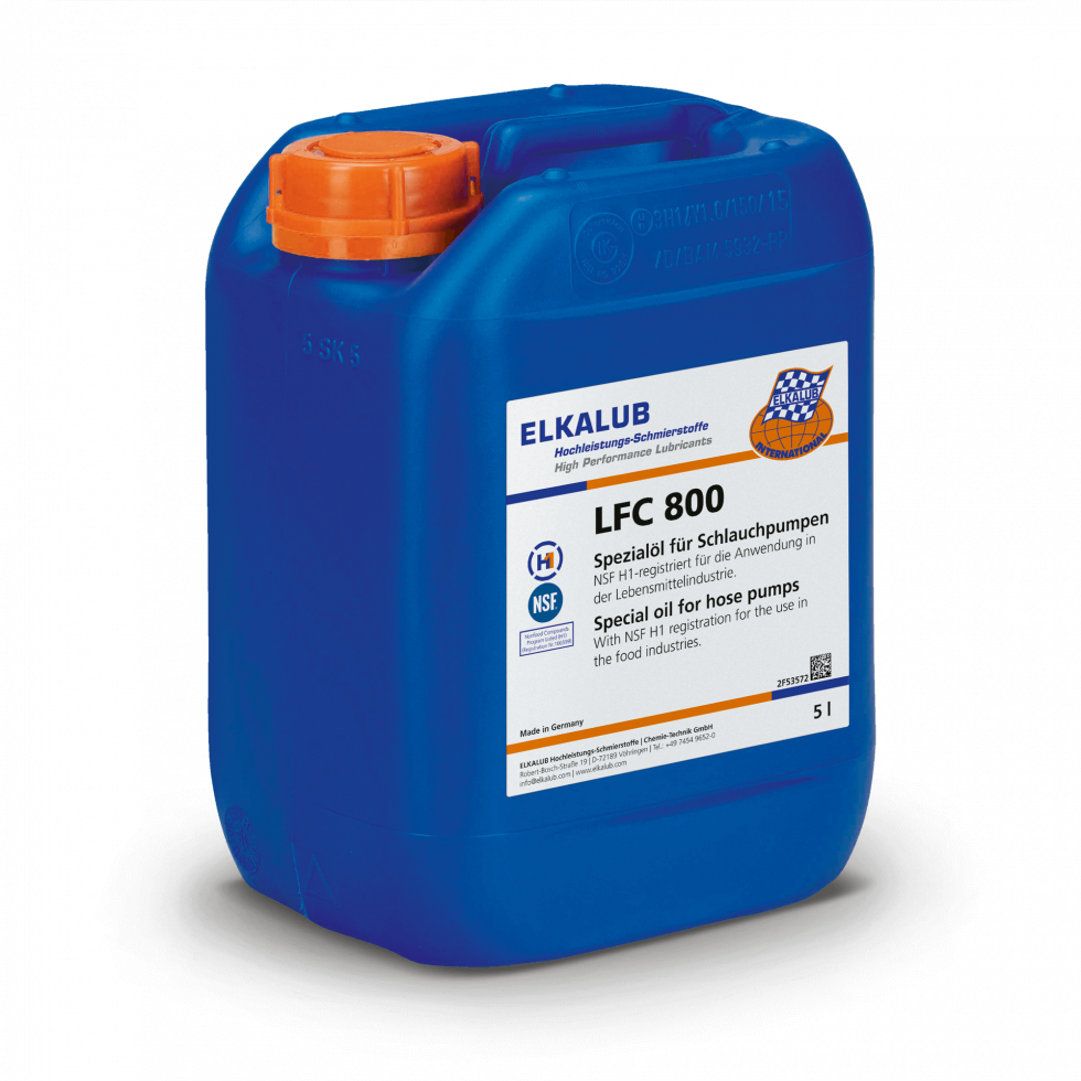 ELKALUB LFC 800 Spezial­öl für Schlauch­pumpen im blauen 5-Liter-Kanister mit weißem Etikett. Auf dem Etikett sind ein NSF- und ein H1-zertifiziert-Logo aufgedruckt.